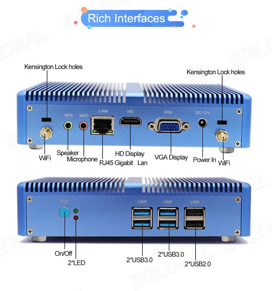 Eglobal Cheap Fanless Mini PC Windows 10 Pro Intel i5 7200U i3 7167U DDR4/DDR3 Barebone Computer Components4K HTPC WiFi HDMI VGA