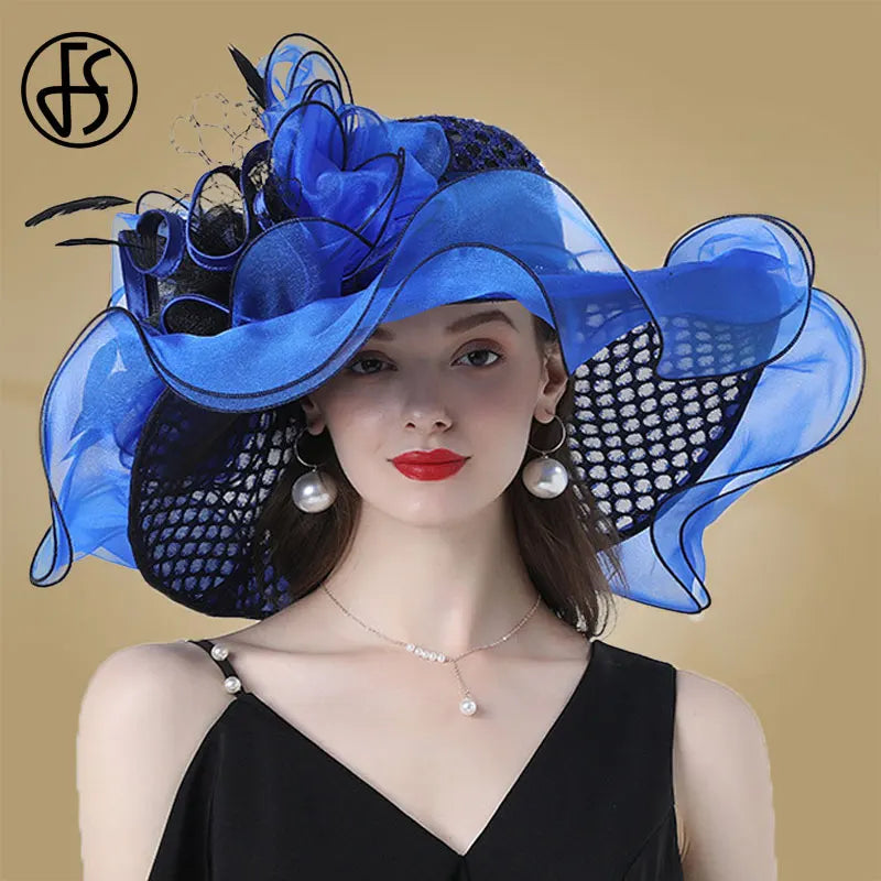 FS Women Organza Red Hats Wedding Fascinators Elegant Big Wide Brim Fedora Kentucky Derby Hats Party Formal Church Ladies Hat