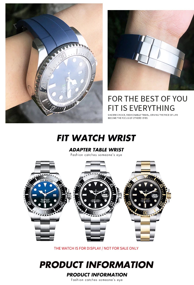 Rubber Strap 21mm 22mm Fit for Rolex DEEPSEA Sea-Dweller Submariner Blue Black Waterproof Sports Silicone Watch Strap Free Tools
