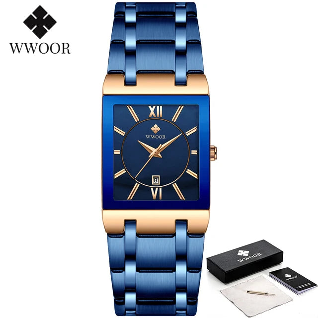 WWOOR Fashion Square White Watches Mens Top Brand Luxury Quartz Wristwatches For Men Casual Waterproof Silver Clock Reloj Hombre