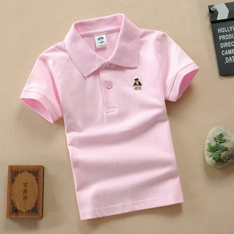 Boys T Shirt  Summer Fashion Cartoon Bear Embroidery School Clothes Little Girls Polo Shirts 3-8 Years Tops Toddler Sportswear