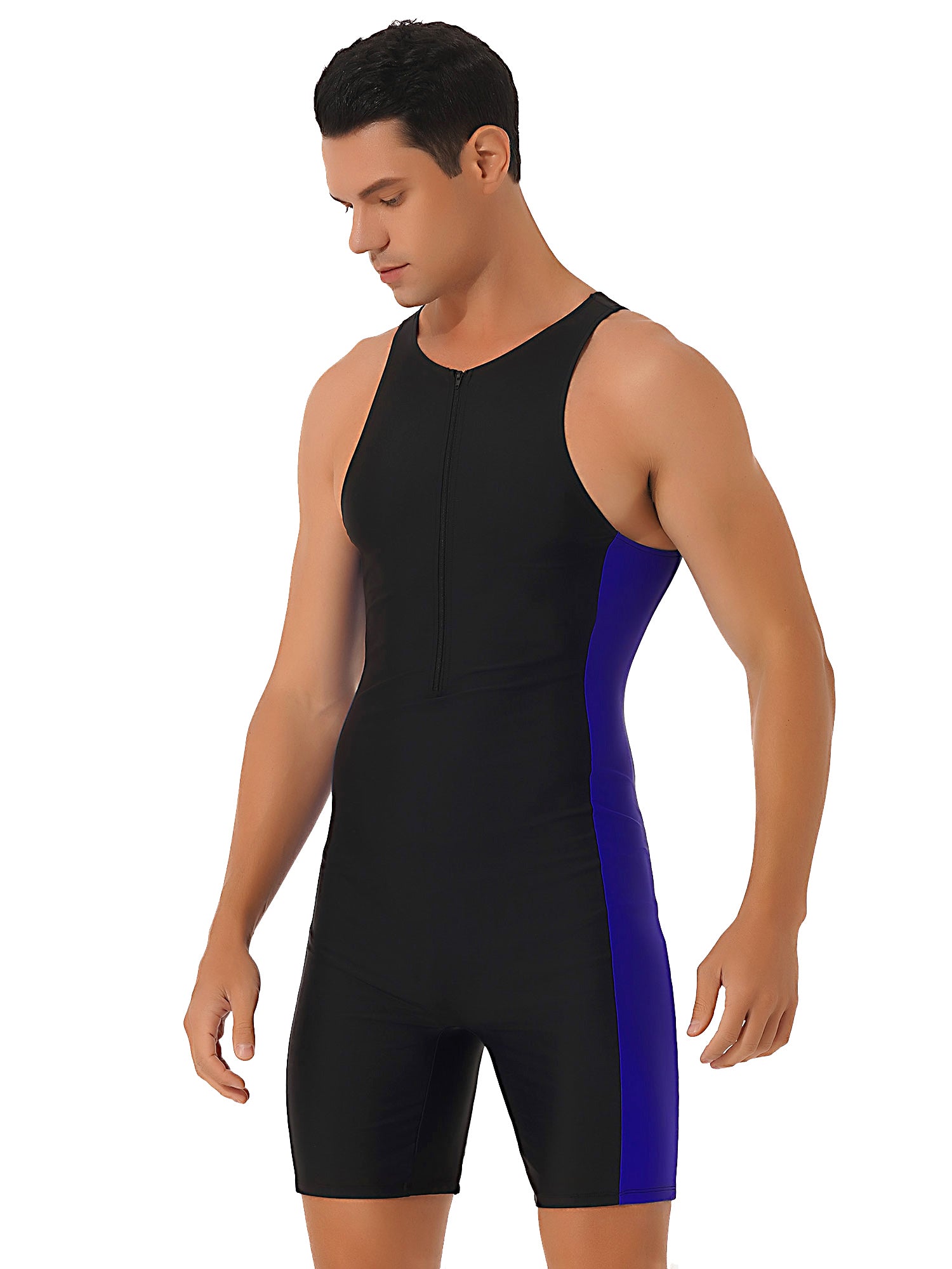 Mens Swimwear One-piece Wetsuit Swimming Bathing Suit Round Neck Sleeveless Side Shorts Bodysuit Triathlon Front Zipper Swimsuit