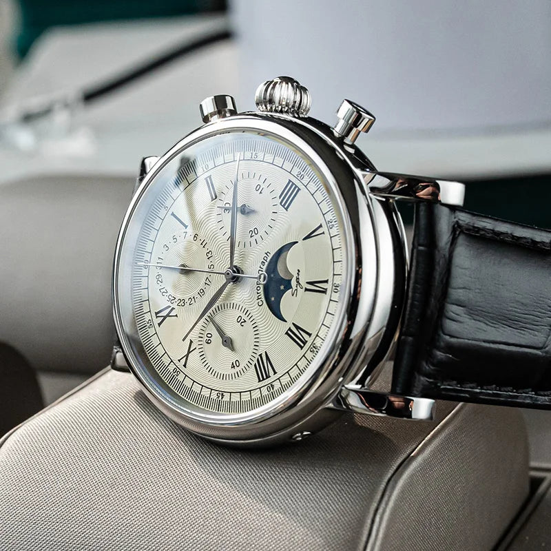 Sugess Chronograph ST1908 Movement Vintage Leather Watch Hand Winding Mechanical 59 Wheels Genuine Moonphase Calendar