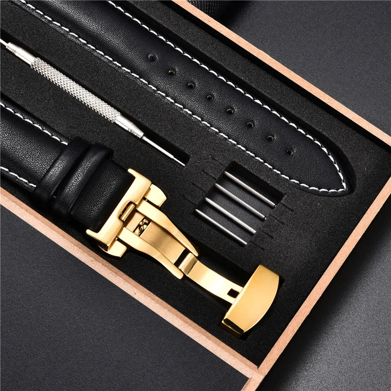 18mm 20mm 22mm 24mm Leather Watch Strap with Box Stainless Steel Butterly Clasp Leather Strap Bracelet Men Women Watchbands