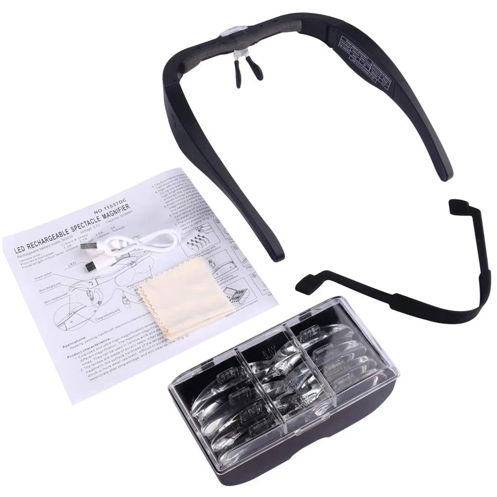 TKDMR USB Rechargeabl Head Mounted Binocular Eyewear Loupe Magnifier with 3LED Illuminated Headband Magnifying Glass For Reading