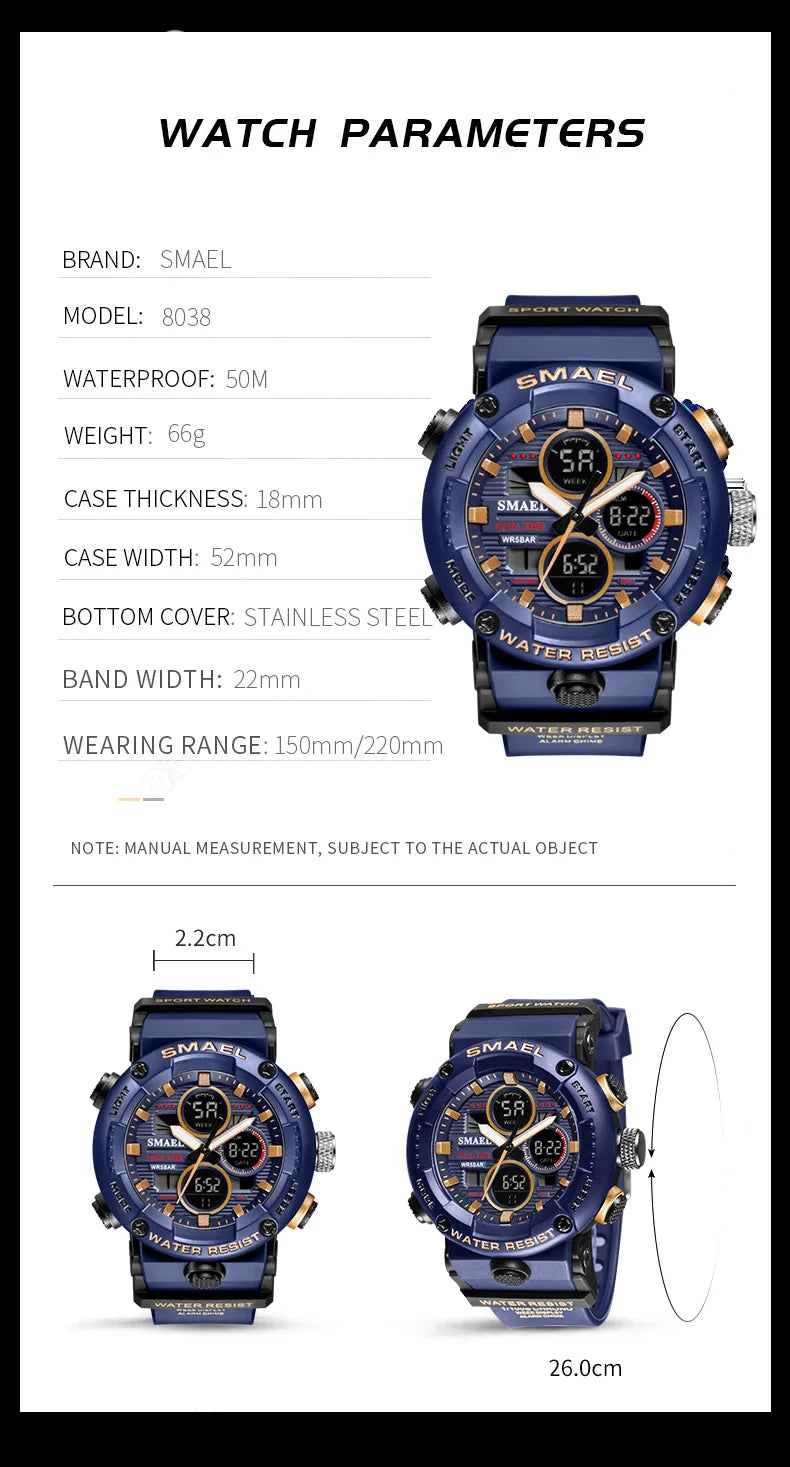 SMAEL Sport Watch for Male Quartz LED Digital Stopwatch Big Dial Clock Waterproof Dual Time Display Wristwatch
