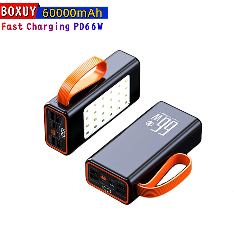 New Large Capacity PD 66W Super Fast Charging LED Outdoor Light  Lithium Battery Factory Price Best 4USB+PD 60000mah Power Bank