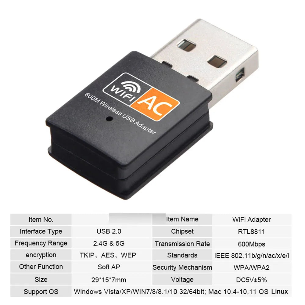 USB WiFi Adapter 600Mbps 2.4G 5G WiFi Antenna Dual Band 802.11b/n/g/ac Mini Wireless Computer Network Card Receiver