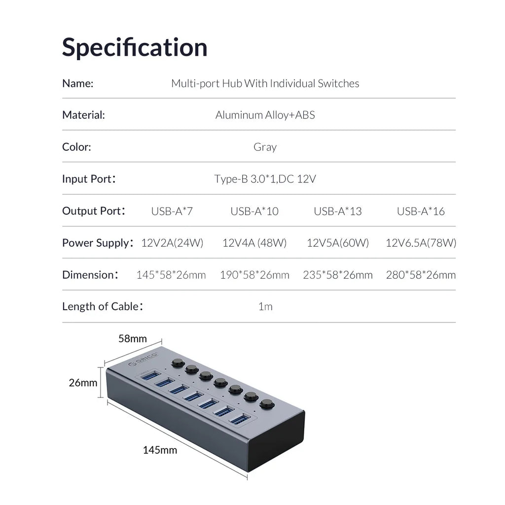 ORICO Industrial USB 3.0 HUB 7/10/13/16 Aluminum USB Splitter On/Off Switch With 12V Power Adapter Support Charging for Computer