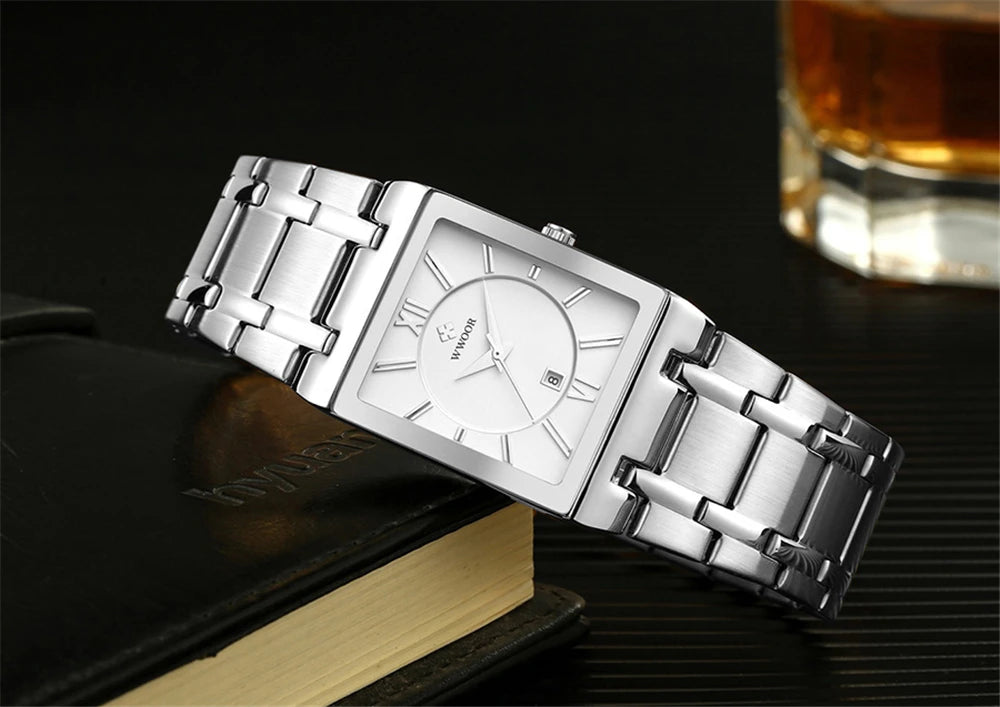 WWOOR Fashion Square White Watches Mens Top Brand Luxury Quartz Wristwatches For Men Casual Waterproof Silver Clock Reloj Hombre