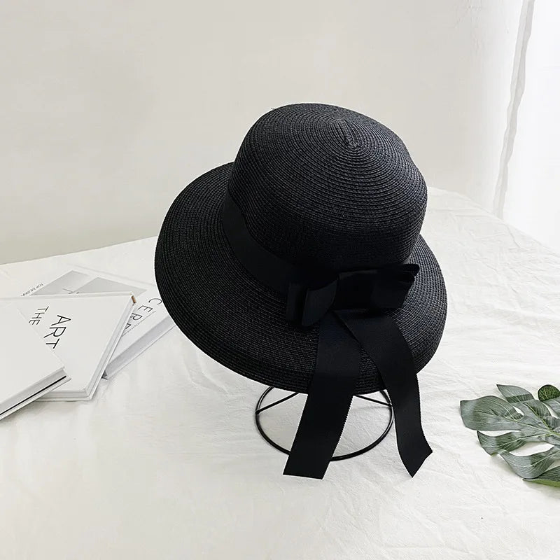 2025 New Summer Sun Hat Bow Straw Hat Visor Temperament Flat Panama Hats Women's Sea Beach Vacation Leisure Sunscreen Hat