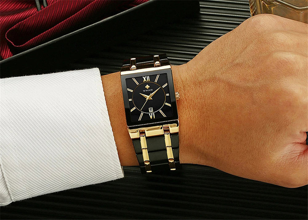 WWOOR Fashion Square White Watches Mens Top Brand Luxury Quartz Wristwatches For Men Casual Waterproof Silver Clock Reloj Hombre