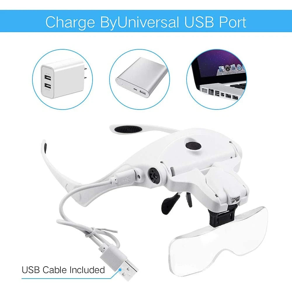 TKDMR USB Rechargeabl Head Mounted Binocular Eyewear Loupe Magnifier with 3LED Illuminated Headband Magnifying Glass For Reading