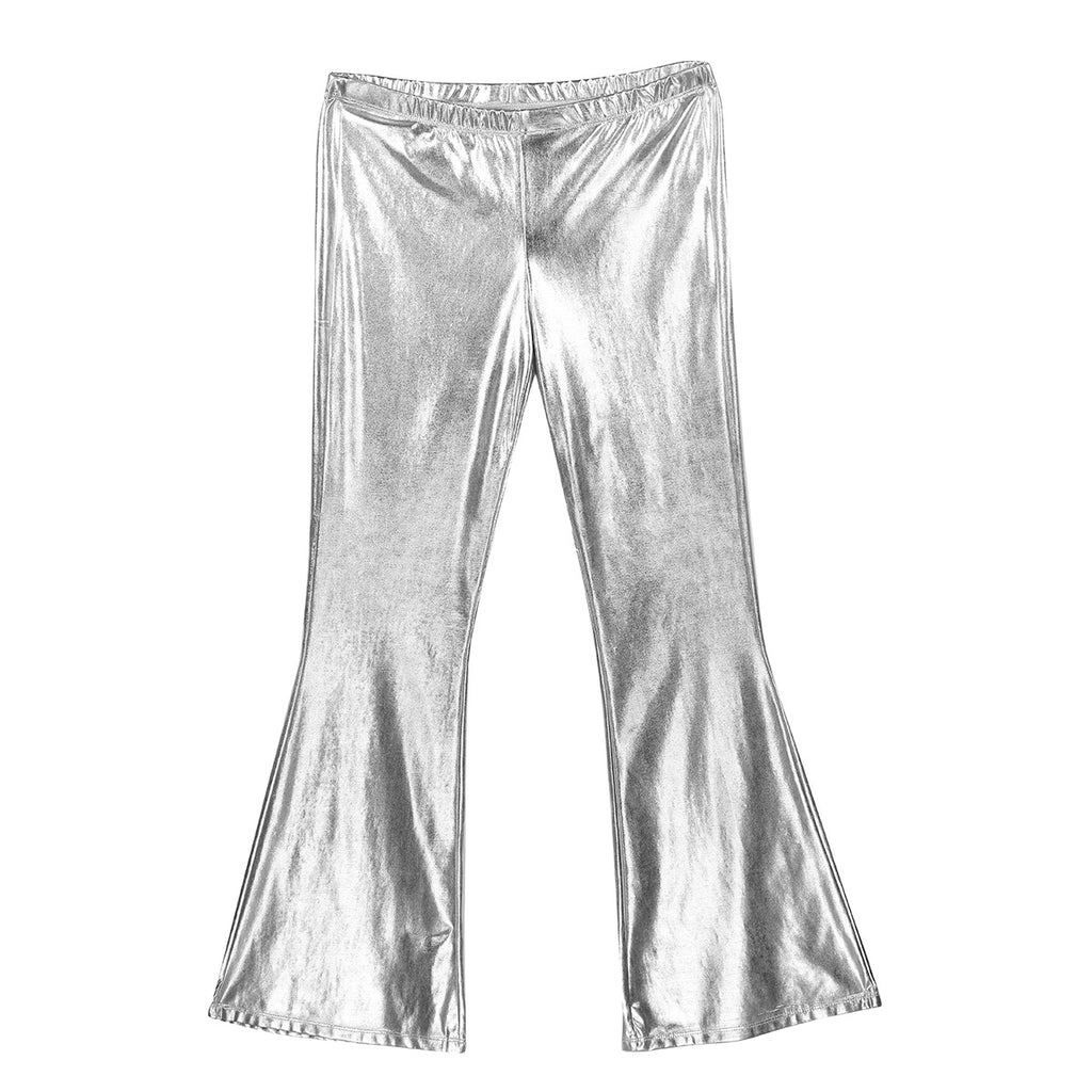 Men Metallic Shiny Flared Pants Retro Disco Costume Elastic Waistband Bell Bottom Trousers Long Pants 70s Party Show Clubwear