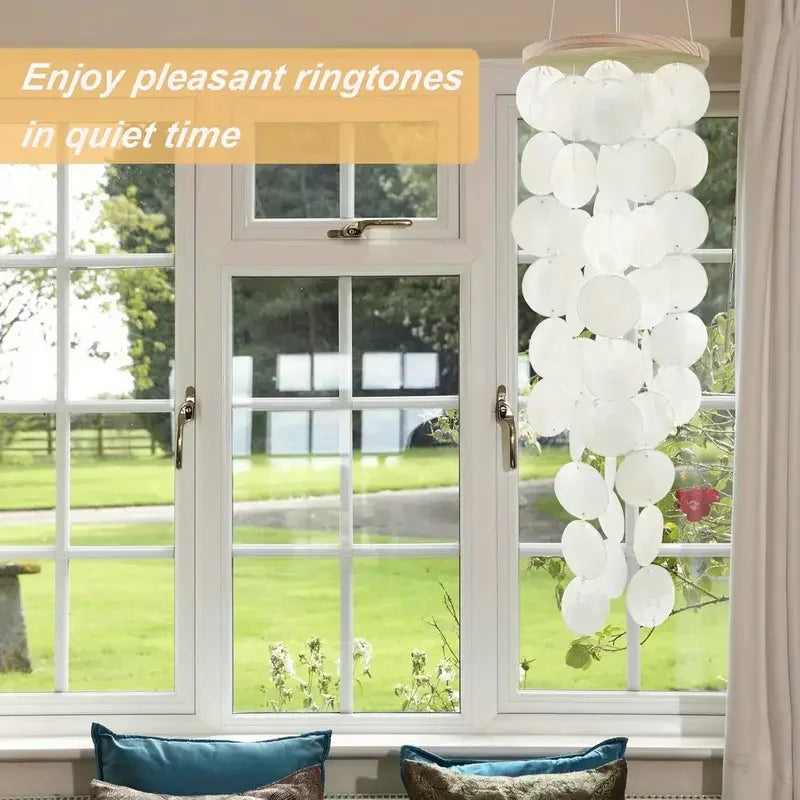 Handcrafted White Capiz Shells Wind Chime - Coastal Style Outdoor/Indoor Garden Decor