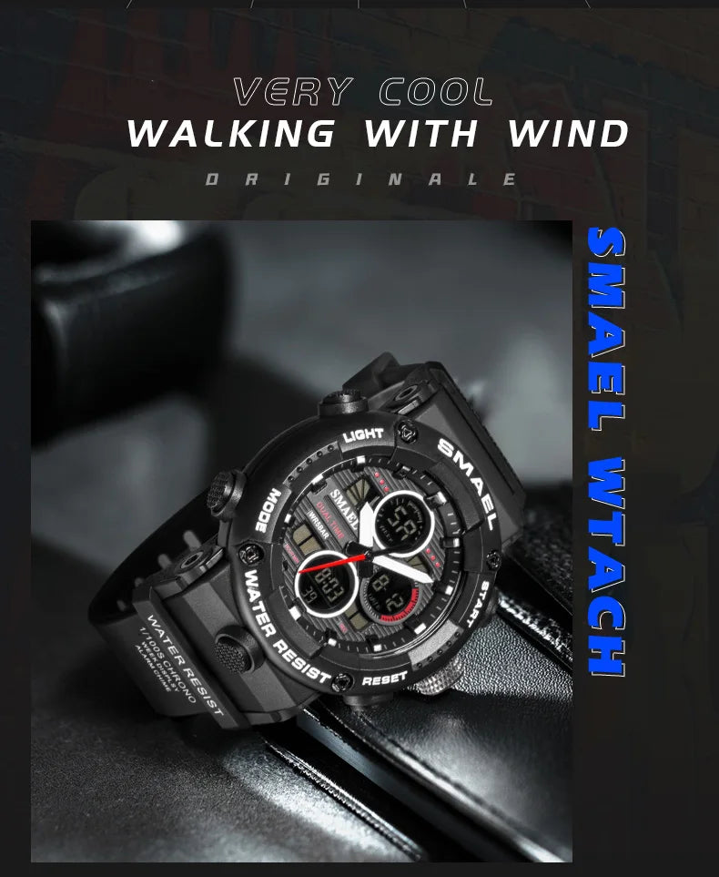 SMAEL Sport Watch for Male Quartz LED Digital Stopwatch Big Dial Clock Waterproof Dual Time Display Wristwatch