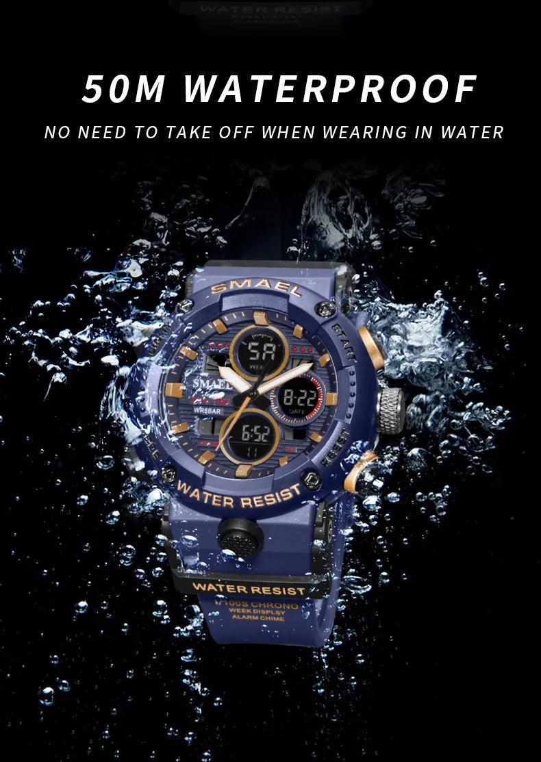 SMAEL Sport Watch for Male Quartz LED Digital Stopwatch Big Dial Clock Waterproof Dual Time Display Wristwatch