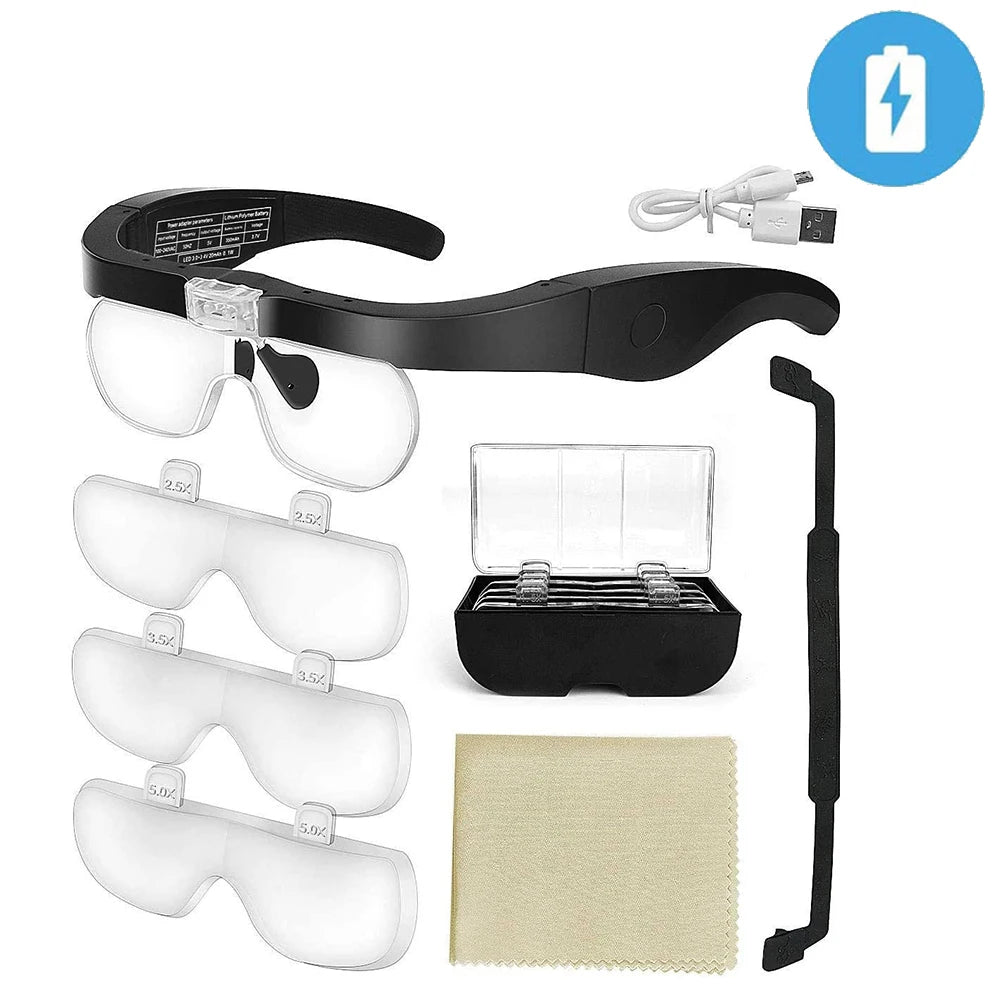 TKDMR USB Rechargeabl Head Mounted Binocular Eyewear Loupe Magnifier with 3LED Illuminated Headband Magnifying Glass For Reading