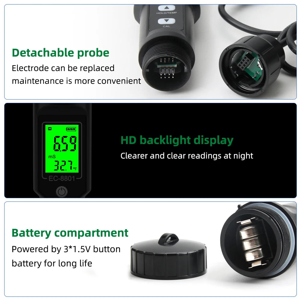 Digital EC/Temp Soil Tester 0.00~10.00mS/cm Conductivity Meter High Accuracy Sensor with ATC for Hydroponics Planting Gardening