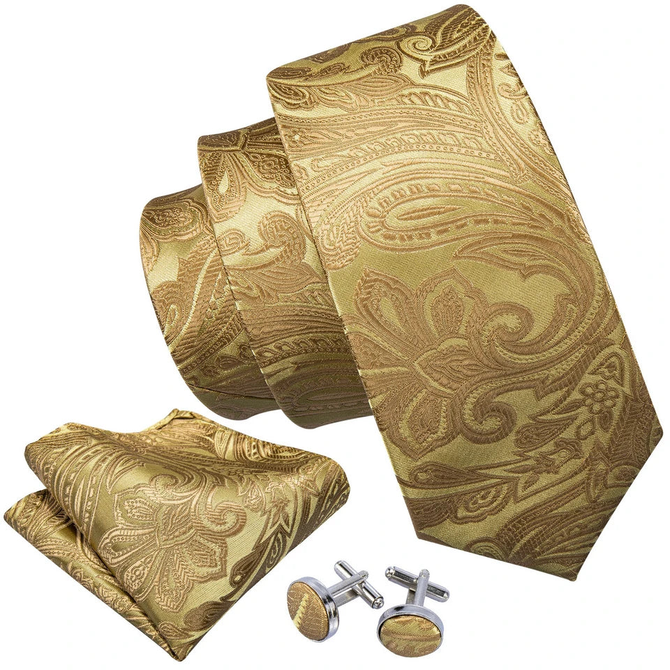 Free Shipping Men's Yellow PaisleyTie Classic Wedding Necktie and Pocket Square Cufflinks Set