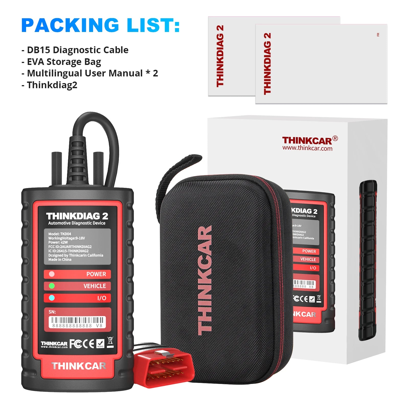 US EU Thinkdiag 2 OBD2 Scanner Support CAN FD Protocols Fit for Car Brands Free Full Softwares 16 Reset Functions ECU Code