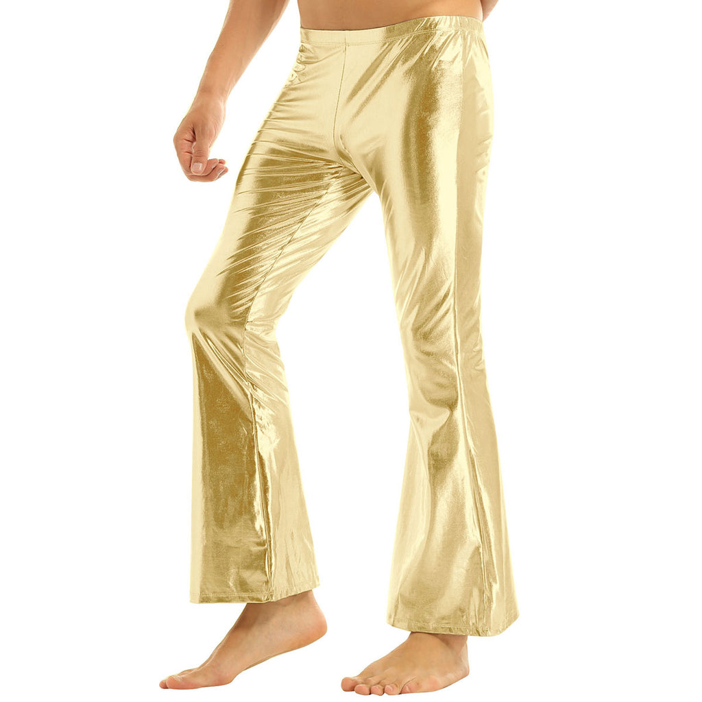 Men Metallic Shiny Flared Pants Retro Disco Costume Elastic Waistband Bell Bottom Trousers Long Pants 70s Party Show Clubwear