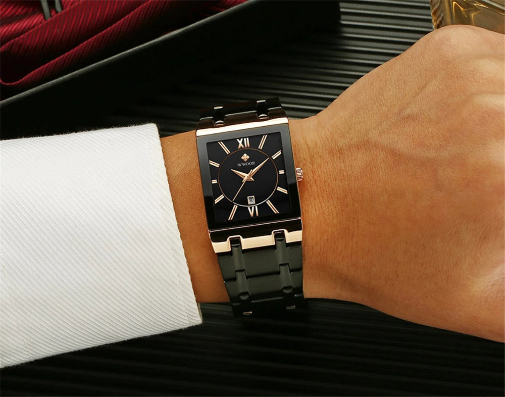 WWOOR Fashion Square White Watches Mens Top Brand Luxury Quartz Wristwatches For Men Casual Waterproof Silver Clock Reloj Hombre