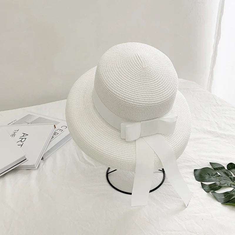 2025 New Summer Sun Hat Bow Straw Hat Visor Temperament Flat Panama Hats Women's Sea Beach Vacation Leisure Sunscreen Hat