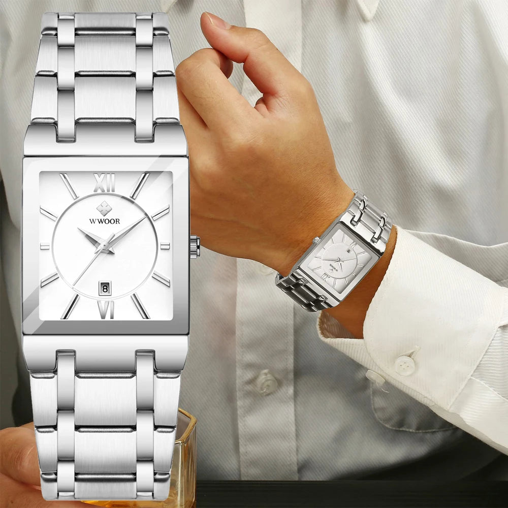 WWOOR Fashion Square White Watches Mens Top Brand Luxury Quartz Wristwatches For Men Casual Waterproof Silver Clock Reloj Hombre