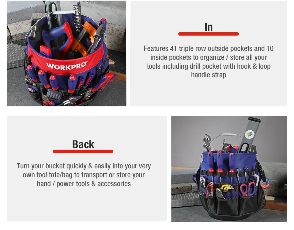 WORKPRO 5 Gallon Bucket Tool Organizer Bucket Boss Tool Bag with 51 Pockets Fits to 3.5-5 Gallon Bucket (Tools Excluded)