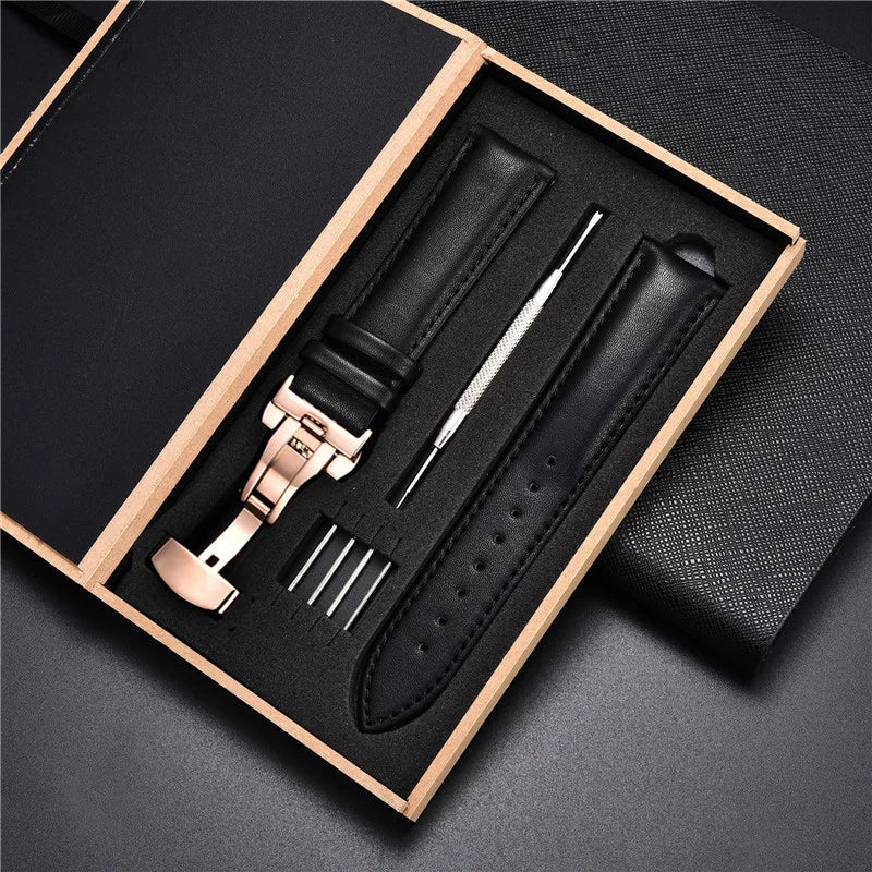 18mm 20mm 22mm 24mm Leather Watch Strap with Box Stainless Steel Butterly Clasp Leather Strap Bracelet Men Women Watchbands