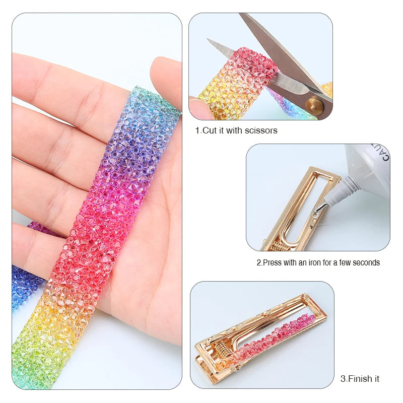 Rainbow Aurora Color Rhinestones Ribbon For Bows Sewing Resin Trim Strass Hot Fix Rhinestone Tape Applicator Iron On Appliques