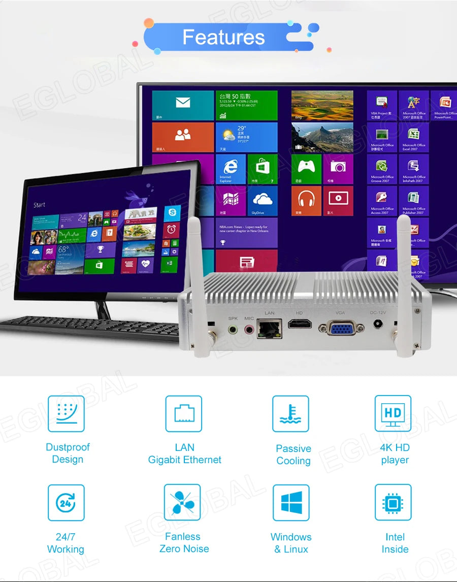 Eglobal Cheap Fanless Mini PC Windows 10 Pro Intel i5 7200U i3 7167U DDR4/DDR3 Barebone Computer Components4K HTPC WiFi HDMI VGA