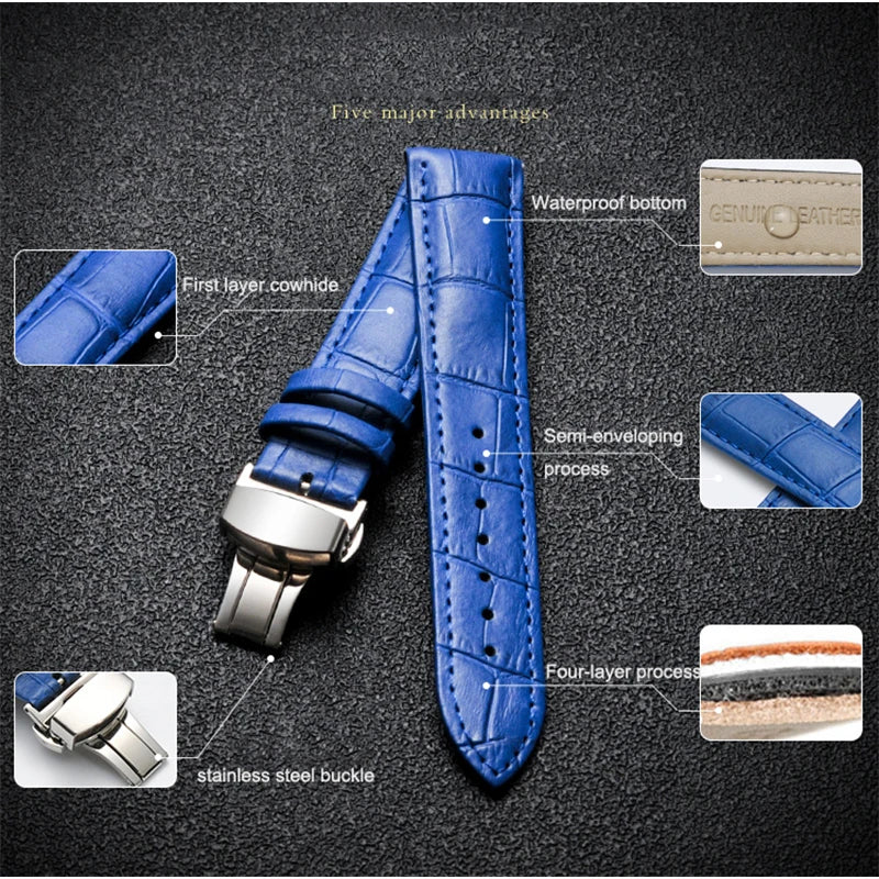 Calfskin Leather WatchBand 12mm 13mm 14mm 15mm 16mm 17mm 18mm 19mm 20mm 21mm 22mm 23mm 24mm Wrist Strap Butterfly Buckle Band