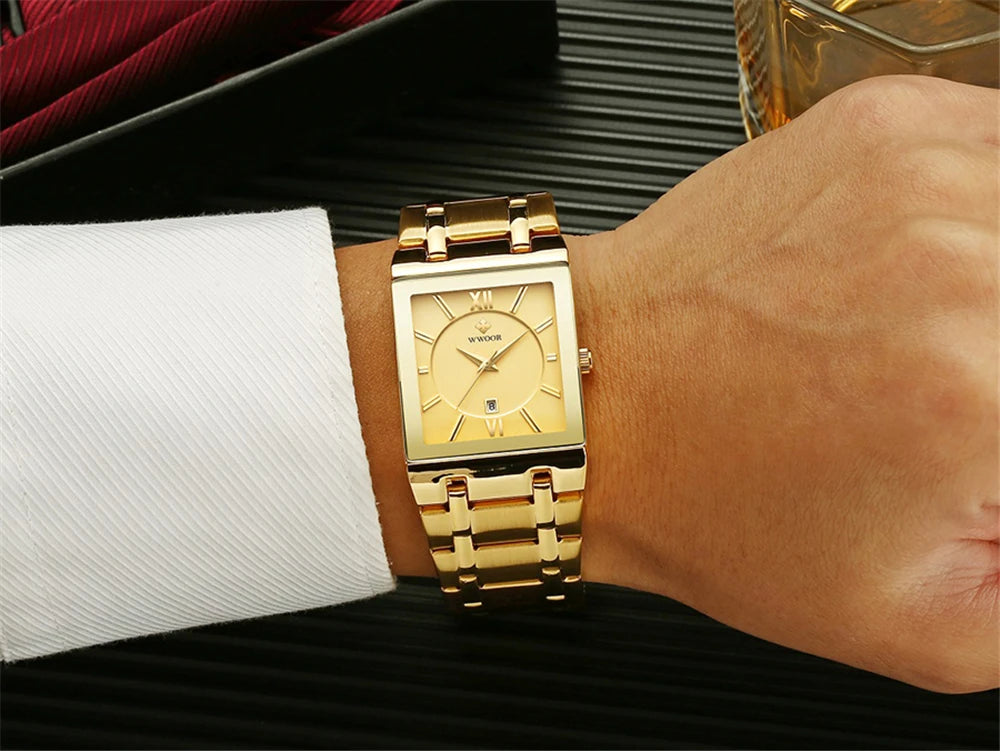 WWOOR Fashion Square White Watches Mens Top Brand Luxury Quartz Wristwatches For Men Casual Waterproof Silver Clock Reloj Hombre