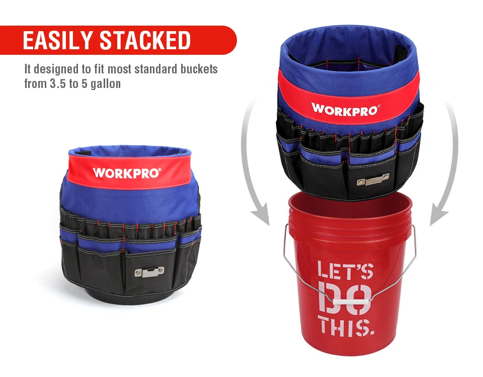 WORKPRO 5 Gallon Bucket Tool Organizer Bucket Boss Tool Bag with 51 Pockets Fits to 3.5-5 Gallon Bucket (Tools Excluded)
