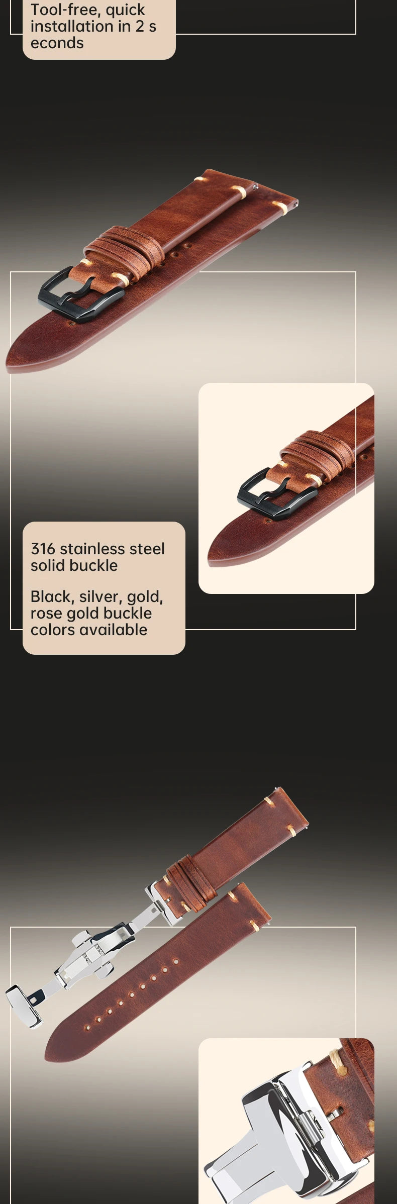 Quick Release Watchband Vintage Vegetable Tanned Cow Leather Made in Tuscany Italy Bracelet Butterfly Buckle Watch Strap