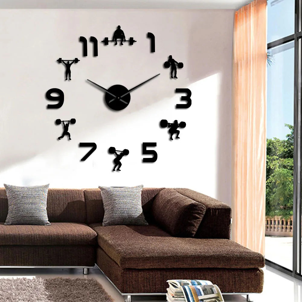 Weightlifting Fitness Room Wall Decor DIY Giant Wall Clock Mirror Effect Powerlifting Frameless Large Wall Clock GYM Wall Watch