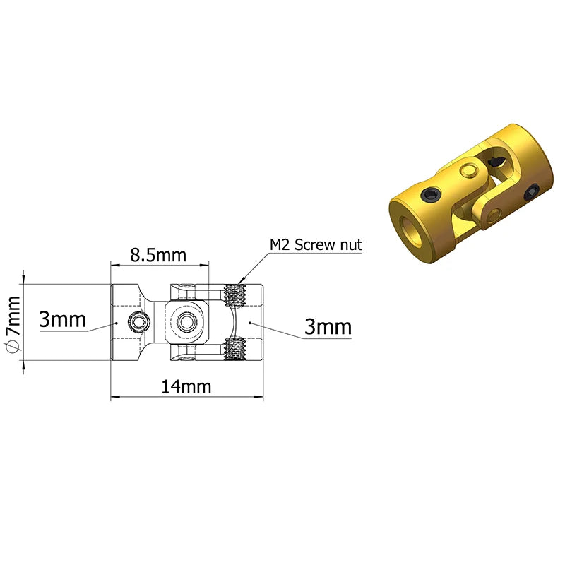 GKTOOLS Mini Coupling Brass Universal Joint 3mmx3mm Diameter 7mm Length 13mm Model Ship Coupler Gimbal