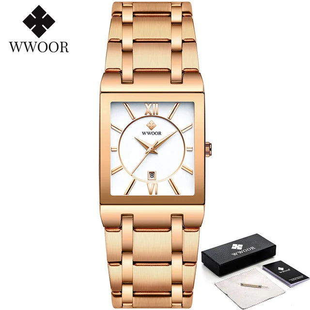 WWOOR Fashion Square White Watches Mens Top Brand Luxury Quartz Wristwatches For Men Casual Waterproof Silver Clock Reloj Hombre