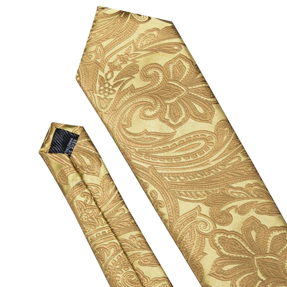 Free Shipping Men's Yellow PaisleyTie Classic Wedding Necktie and Pocket Square Cufflinks Set