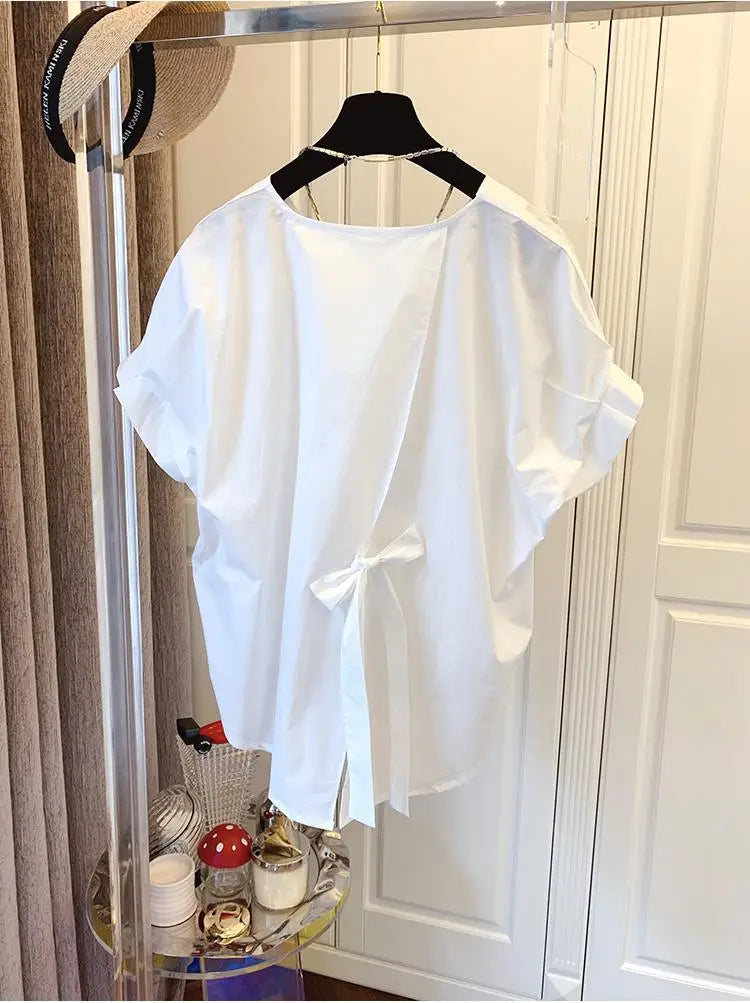 Woherb Cotton Asymmetrical Crop Blouse Women Korean Pleated Bow Bandage Shirt Casual O-neck Solid Elegant Blusas Mujer Moda 2026
