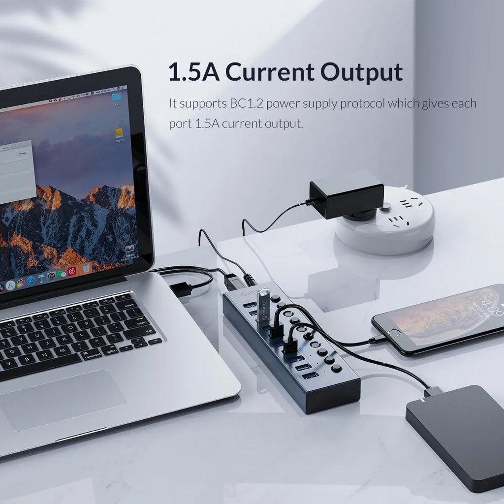 ORICO Industrial USB 3.0 HUB 7/10/13/16 Aluminum USB Splitter On/Off Switch With 12V Power Adapter Support Charging for Computer