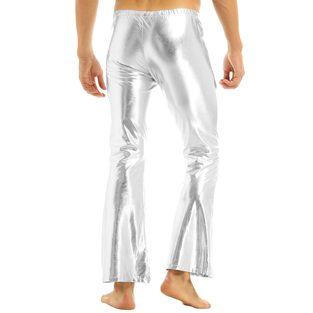 Men Metallic Shiny Flared Pants Retro Disco Costume Elastic Waistband Bell Bottom Trousers Long Pants 70s Party Show Clubwear