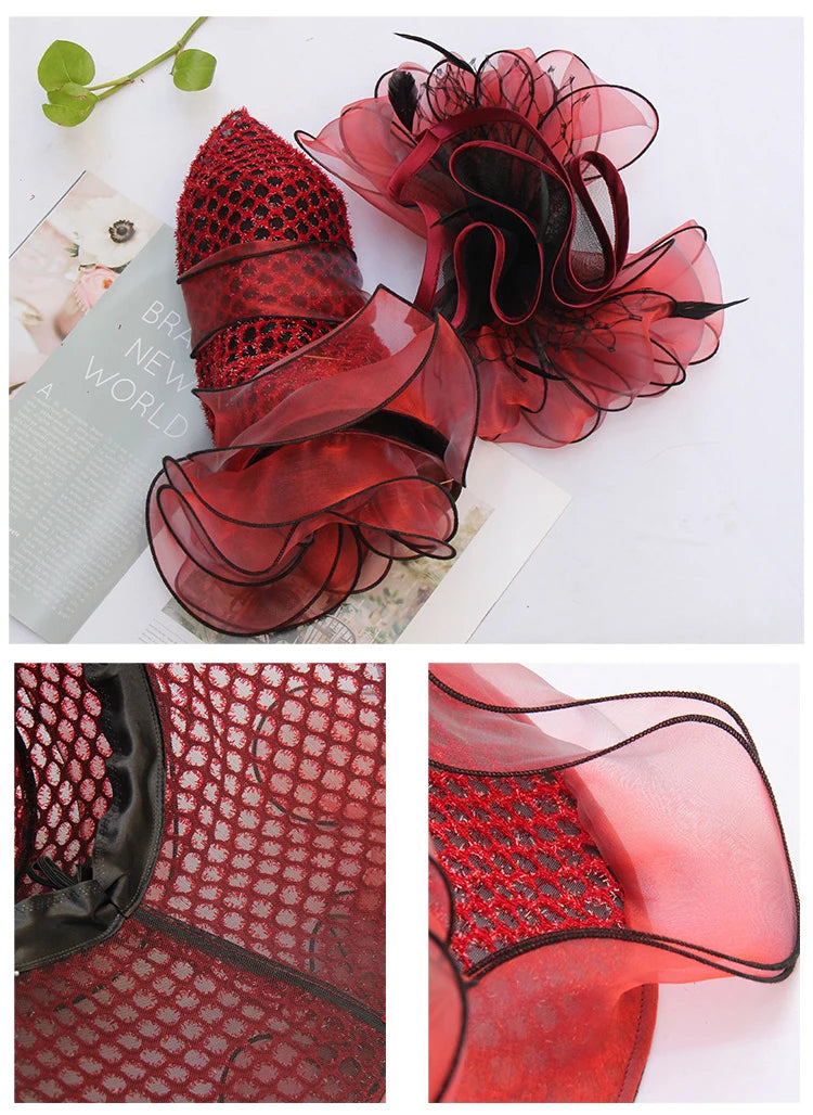 FS Women Organza Red Hats Wedding Fascinators Elegant Big Wide Brim Fedora Kentucky Derby Hats Party Formal Church Ladies Hat