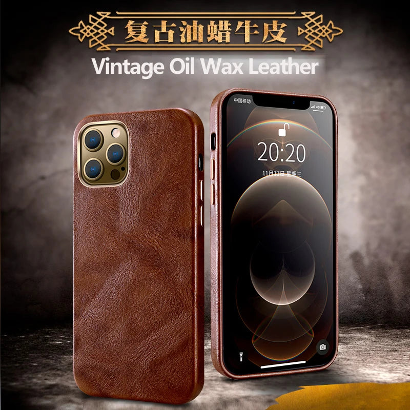 Genuine Leather Case for iPhone 15 Pro Vintage Real Skin Luxury Phone Back Cover for iPhone 15 Pro Max Business Men