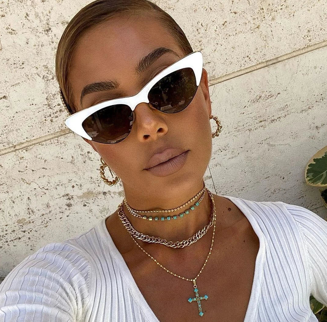 vintage White Cat Eye Sun Glasses For Women Vintage New Fashion Small Half Frame Eyewear Trending Travel Sexy Woman Sunglasses
