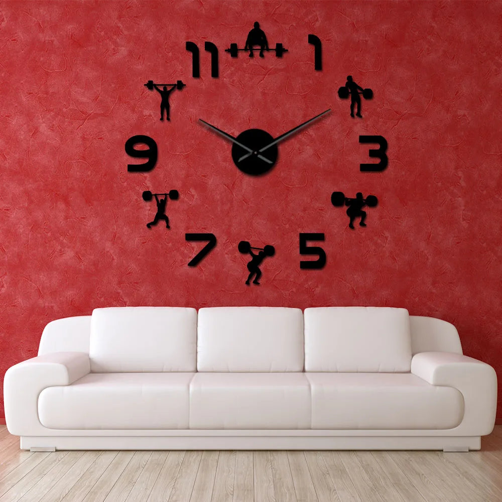 Weightlifting Fitness Room Wall Decor DIY Giant Wall Clock Mirror Effect Powerlifting Frameless Large Wall Clock GYM Wall Watch