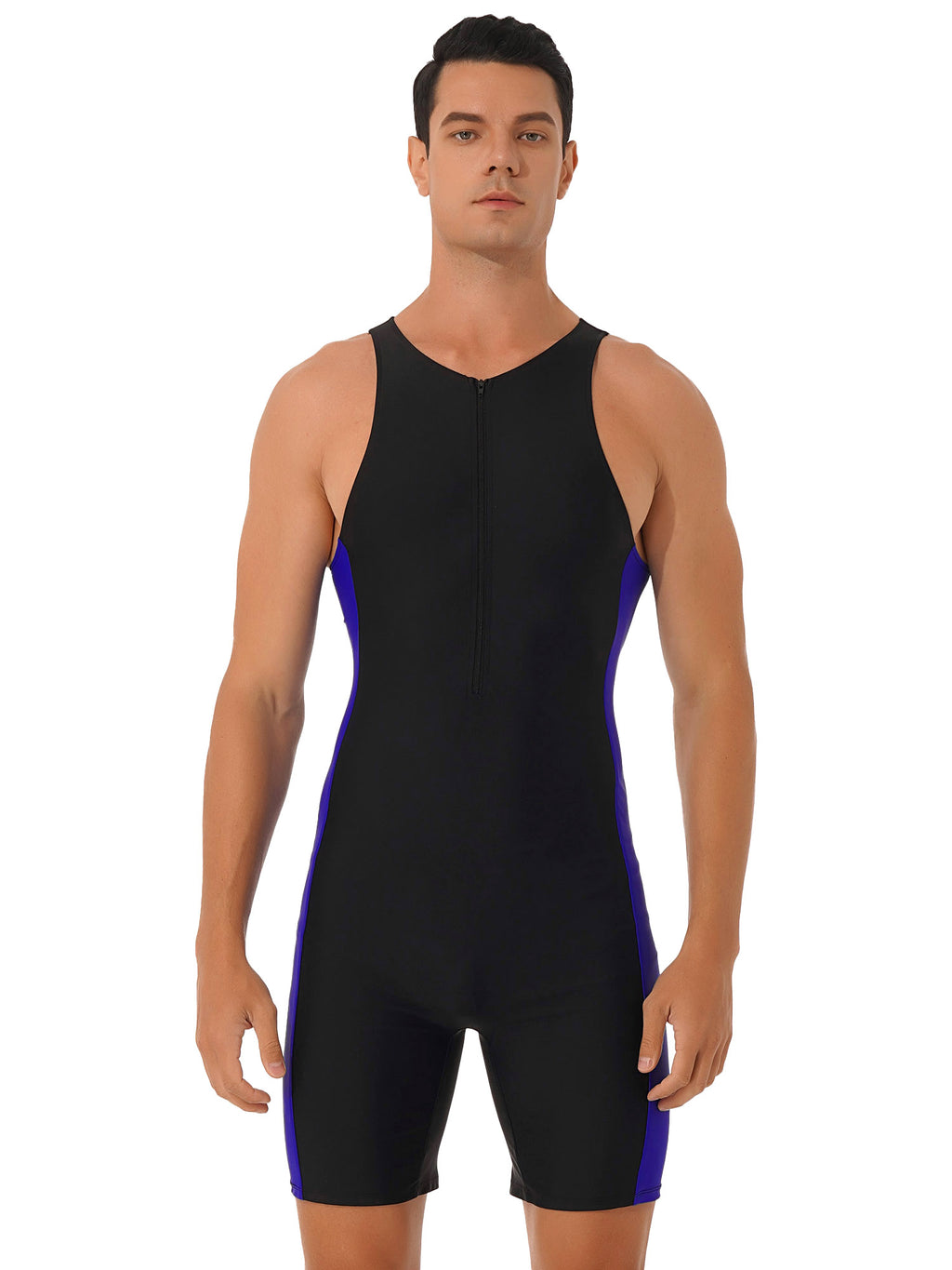 Mens Swimwear One-piece Wetsuit Swimming Bathing Suit Round Neck Sleeveless Side Shorts Bodysuit Triathlon Front Zipper Swimsuit