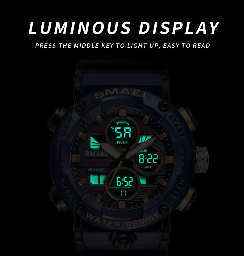SMAEL Sport Watch for Male Quartz LED Digital Stopwatch Big Dial Clock Waterproof Dual Time Display Wristwatch